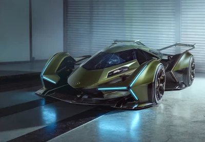 Futuristic Lamborghini Vision GT Concept Car with Dynamic Electric Blue Lighting image