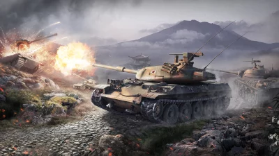 Intense Armored Combat with Japanese Tanks Firing in a Foggy Mountain Landscape image