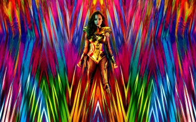 Powerful Gal Gadot as Wonder Woman in Golden Armor Against Dynamic Spectrum image