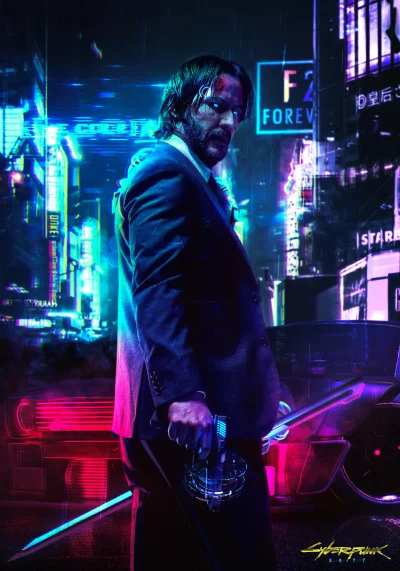 John Wick Cyberpunk Warrior with Glowing Eyes, Futuristic Pistol, Neon City image