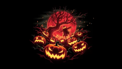 Eerie Halloween Night: Glowing Jack-o'-Lanterns, Spooky Tree, and Scarecrow under Blood Moon image