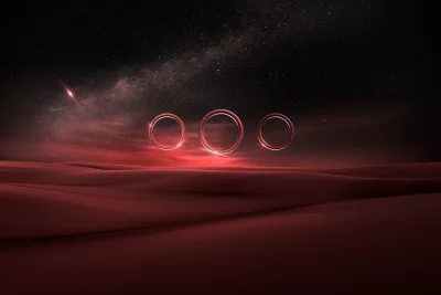 Cosmic Red Desert Landscape with Mysterious Glowing Rings and Starry Night Sky image