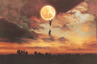 Figures Connect with Luminous Moon Against Textured Sunset Landscape image