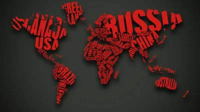 Stylized World Map with Red Typographic Country Names on Dark Grid Background image