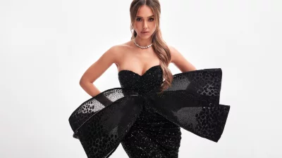 Glamorous Fashion Portrait of Woman in Dazzling Black Sequin Dress and Sparkling Jewelry image