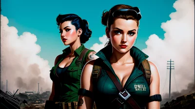 Confident Retro Pin-Up Women in Military Attire Amidst Desolate Landscape image