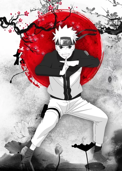 Dynamic Naruto Uzumaki in Iconic Ninja Stance with Japanese Cherry Blossom and Red Sun Art image