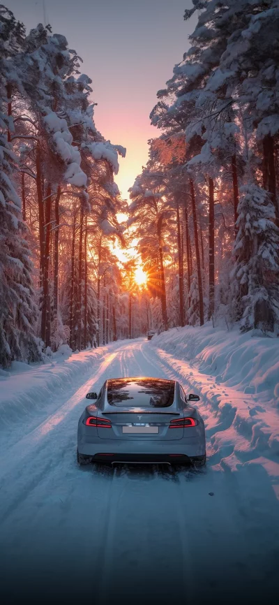 Tesla drives through a snowy forest at sunset