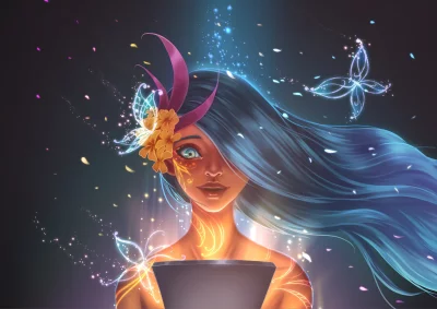 Enchanting Woman with Luminous Blue Hair Ethereal Butterflies and Floral Adornments image