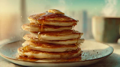 Delicious Golden Pancakes Stacked with Melting Butter and Cascading Maple Syrup