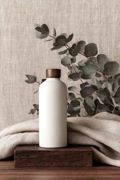 Minimalist Product Styling: White Bottle with Eucalyptus on Linen Background