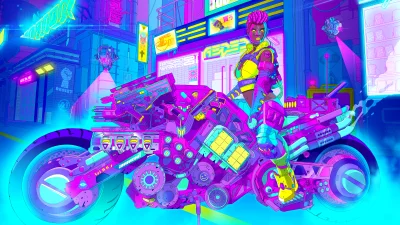 Stylish Woman Riding Futuristic Motorcycle in Vibrant Neon Cyberpunk Cityscape image