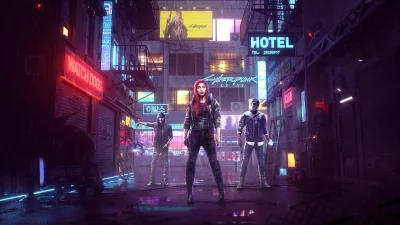 Dynamic Cyberpunk Trio Amidst Neon-Lit Urban Alley image