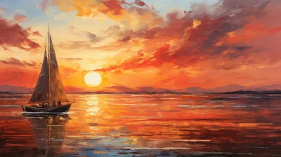 Expressive Oil Painting of a Sailboat Navigating a Vibrant Sunset Seascape image