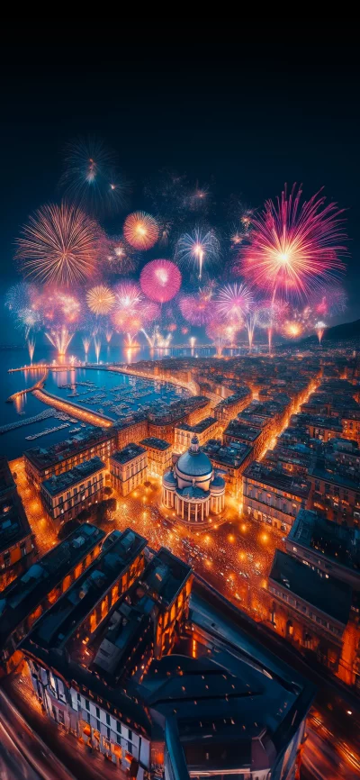Spectacular Cityscape Fireworks Display Over a Bustling Harbor at Night
