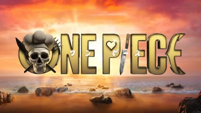 One Piece Anime Logo with Chef Skull, Crossed Utensils, and Sunset Beach image