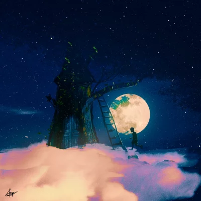 Boy Walking on Dream Clouds Towards Giant Moon with Ladder image
