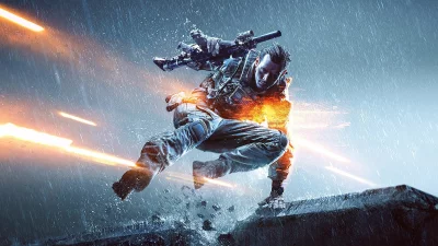 Intense Sci-Fi Combat: Soldier Leaping Through Rainy Battle with Fiery Blasts image