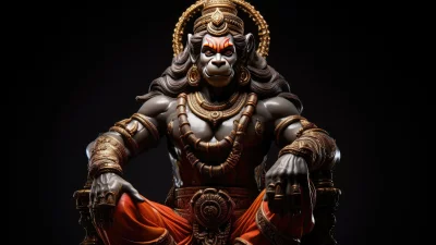 Powerful Lord Hanuman Statue in Meditative Pose Adorned with Golden Ornaments image
