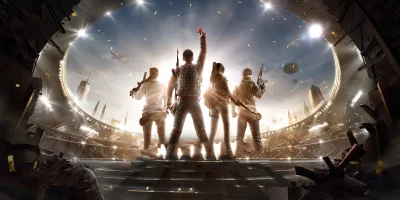 Battle Royale Champions Celebrate Grand Victory in a Ruined Stadium with Falling Gold Confetti image