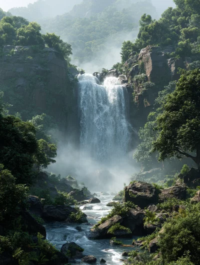 Misty jungle waterfall cascading over mossy rocks into a stream