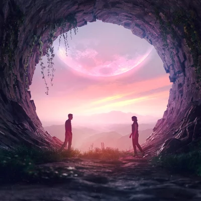 Silhouettes of a Man and Woman Meeting in a Cave Under a Celestial Pink Moon image