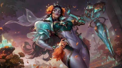 Mystical Day of the Dead Goddess with Glowing Eyes in Autumn Fantasy Setting image