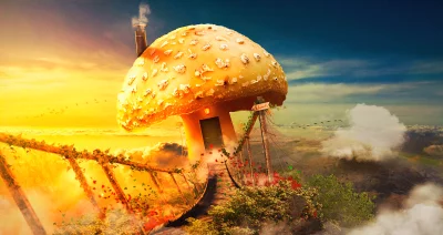 Whimsical Mushroom House with Bridge Over Misty Valley at Golden Sunset image