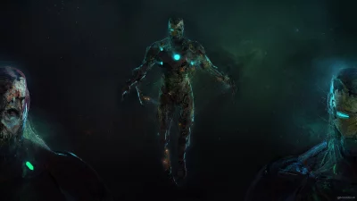 Decaying Iron Man Zombie Floating in Eerie Cosmic Nebula Digital Art image