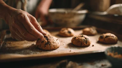 Hands Carefully Arranging Homemade Chocolate Chip Cookies on Rustic Baking Sheet image