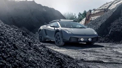 Customized Grey Lamborghini Sports Car Navigating Rugged Gravel Terrain with Construction Equipment image