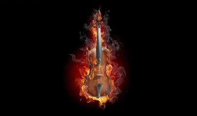 Cinematic Fiery Violin: Dramatic Music in Flames on Dark Background HD Wallpaper image