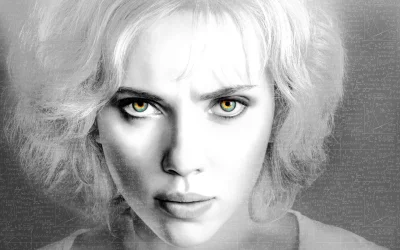 Intense Woman's Portrait with Glowing Eyes and Abstract Mathematical Data Overlay image