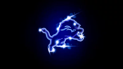 Dynamic Neon Blue Detroit Lions Logo with Glowing Light Effects on Dark Background image