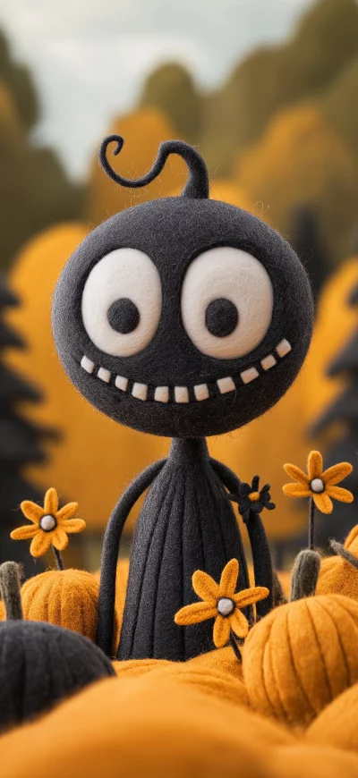 Whimsical Felt Monster Among Pumpkins with Orange Flowers