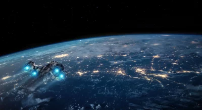 Futuristic Spaceship Soaring Over Night Earth with Glowing City Lights from Orbit image