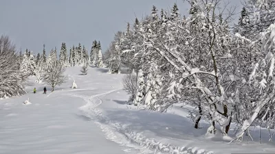 Panoramic Winter Landscape with Two Hikers on a Snowy Path image