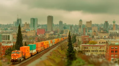 BNSF Orange Train with Shipping Containers Passes Through Cityscape