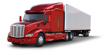 Red long trailer truck from left front angle view PNG background