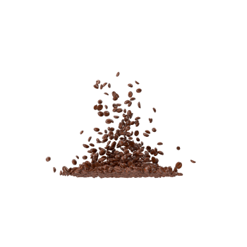 Coffee beans scattered mid-air on white surface